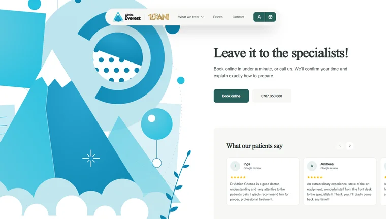 Pagina principală Clinica Everest — construită pe Clinic OS de Level UI